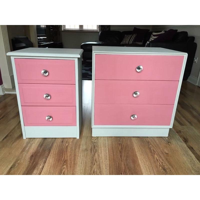 Pink and dove grey wooden drawers with stunning crystal handles.