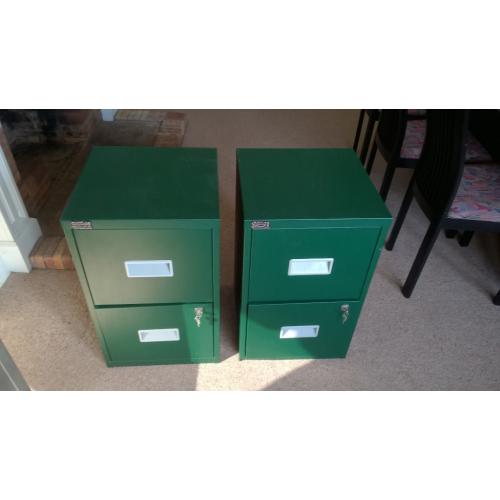 2 A4 Green Filing Cabinets with keys and folders