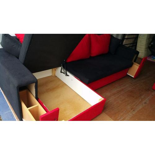 BLACK & RED CORNER SOFA BED WITH STORAGE & A MATCHING CHAIR FOR SALE.