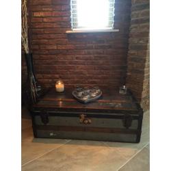 Wooden bound vintage tin trunk