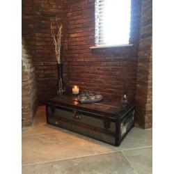 Wooden bound vintage tin trunk