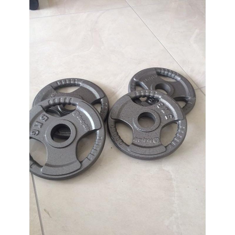 4 x 5kg Olympic plate weights with handles silver barbell