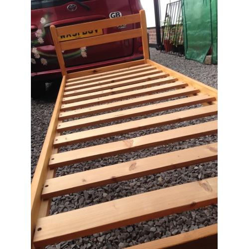 Nice little pine frame single bed and mattress, 2ft 6ins wide
