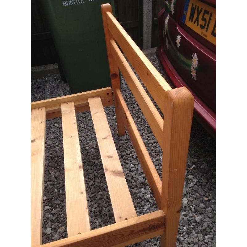 Nice little pine frame single bed and mattress, 2ft 6ins wide
