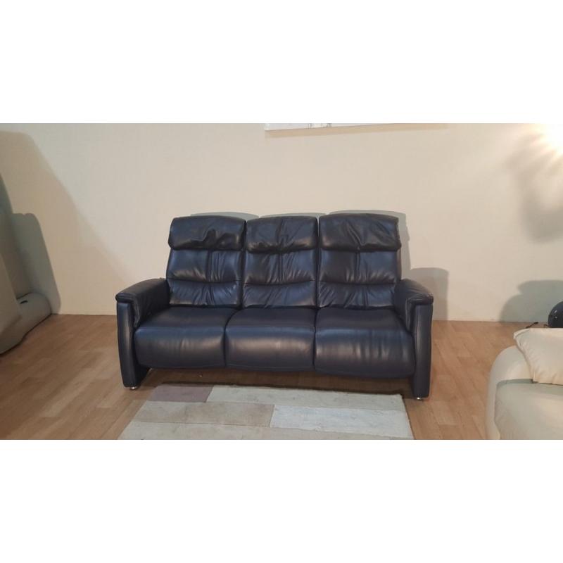 Ex-display HTL blue leather manual recliner 3 seater sofa