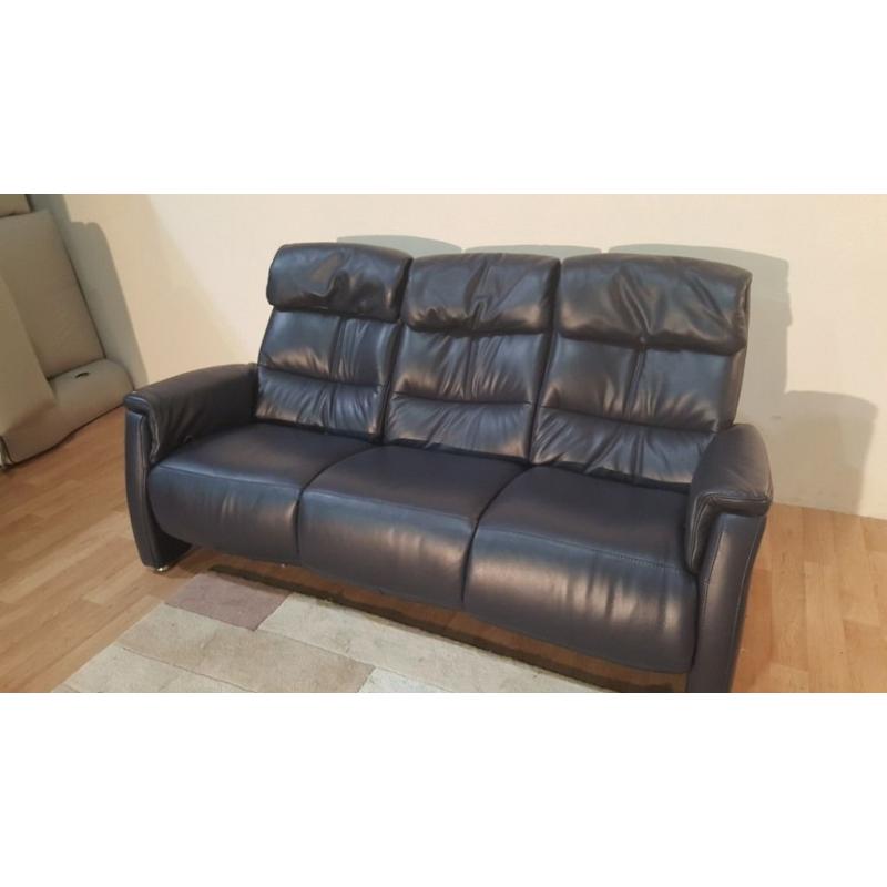 Ex-display HTL blue leather manual recliner 3 seater sofa
