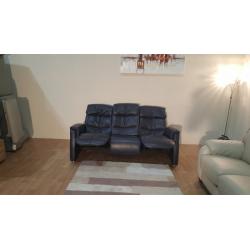 Ex-display HTL blue leather manual recliner 3 seater sofa