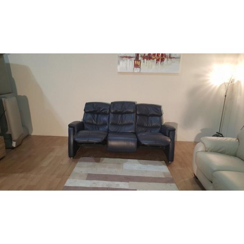 Ex-display HTL blue leather manual recliner 3 seater sofa