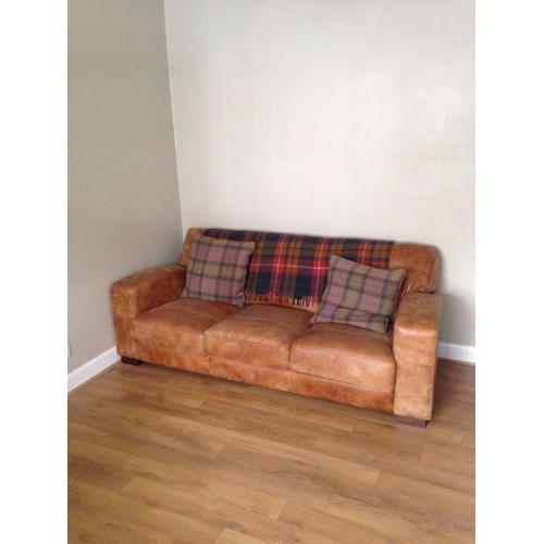 Distressed brown leather three-seater sofa - excellent condition