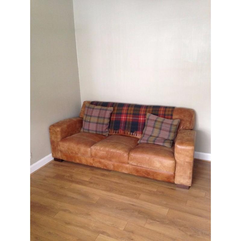 Distressed brown leather three-seater sofa - excellent condition
