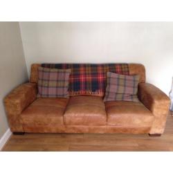 Distressed brown leather three-seater sofa - excellent condition