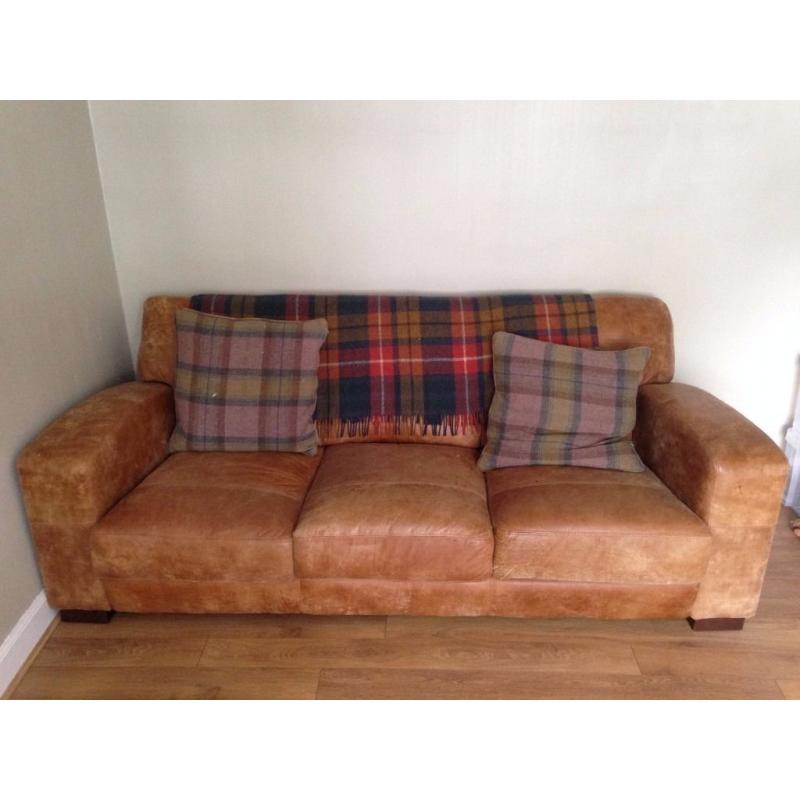 Distressed brown leather three-seater sofa - excellent condition