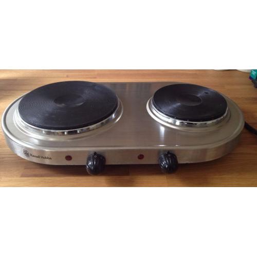 Russell Hobbs 2 Ring Plug-In Portable Brushed Steel Electric Hob with Covers