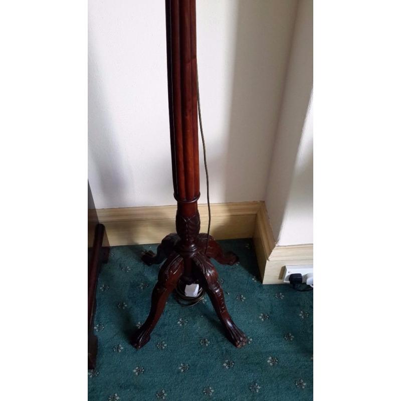 Beautiful Antique Mahogany Turned & Carved Standard Lamp, Four Legs, complete with Silk Shade