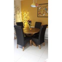 Solid Distressed Oak Table & 4 Brown Leather Dining Chairs