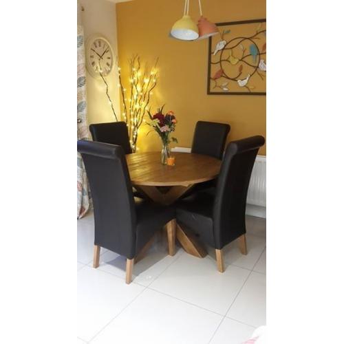 Solid Distressed Oak Table & 4 Brown Leather Dining Chairs