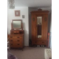 Antique satin walnut wardrobe/cupboard and dressing table.