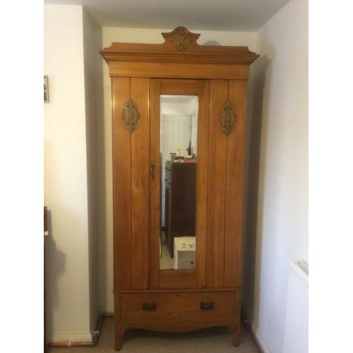 Antique satin walnut wardrobe/cupboard and dressing table.