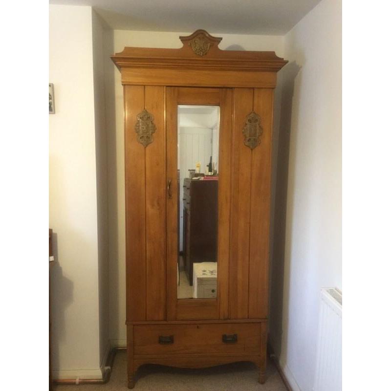 Antique satin walnut wardrobe/cupboard and dressing table.