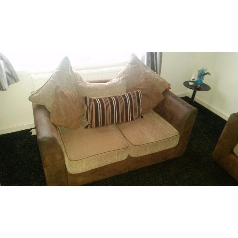 Brown 3 seater sofa and 2 seater sofa with foot rest