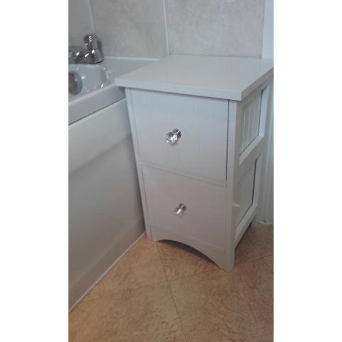 two drawer white wooden bathroom storage chest
