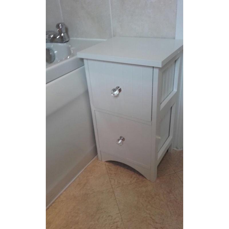 two drawer white wooden bathroom storage chest