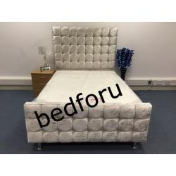 Cube Diamond Crush Velvet High Head Double Frame Bed with Memory Foam Or Orthopedic Mattress.