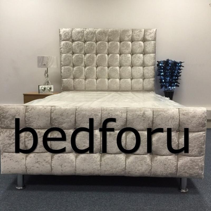 Cube Diamond Crush Velvet High Head Double Frame Bed with Memory Foam Or Orthopedic Mattress.