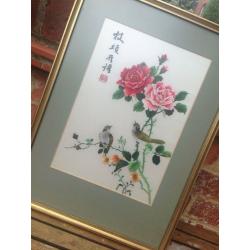 Vintage 1970s stunning silk embroidered artwork - framed