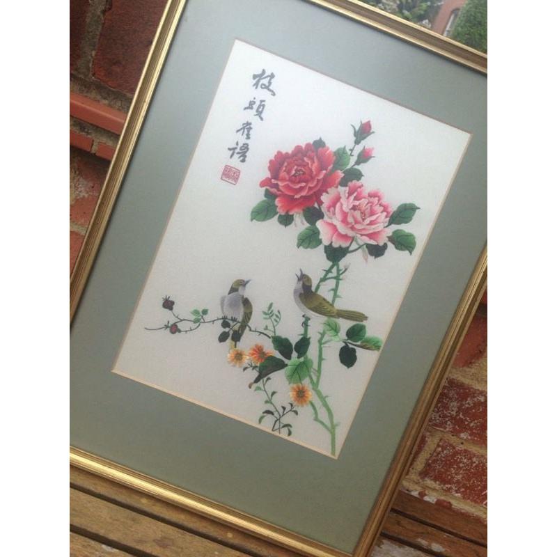 Vintage 1970s stunning silk embroidered artwork - framed