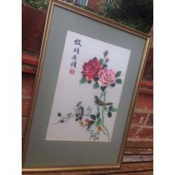 Vintage 1970s stunning silk embroidered artwork - framed