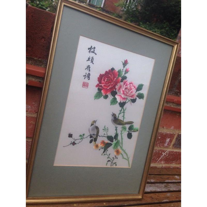 Vintage 1970s stunning silk embroidered artwork - framed