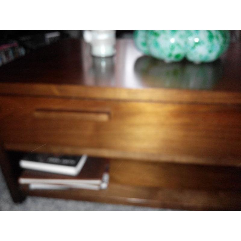 coffee table large with drawer.and shelf dark brown solid wood