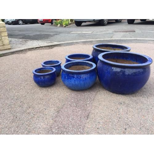 6 Blue Stone Plant Pots