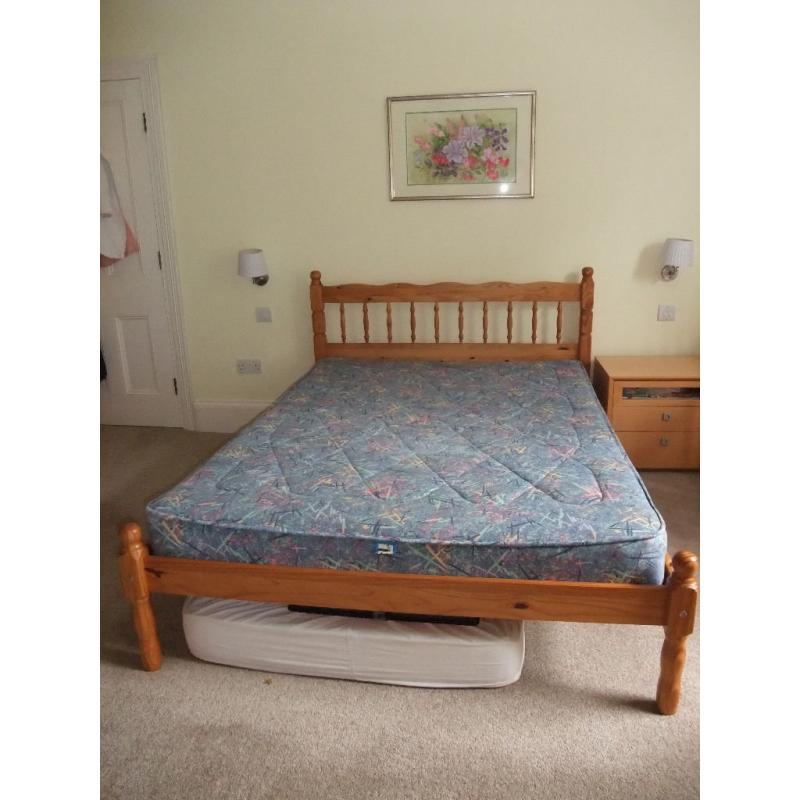 Pine double bed with mattress, little used