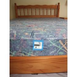 Pine double bed with mattress, little used