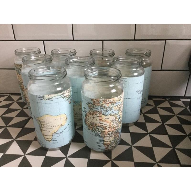 Handmade map print fabric covered large jam jar vases centre pieces vintage wedding X 9