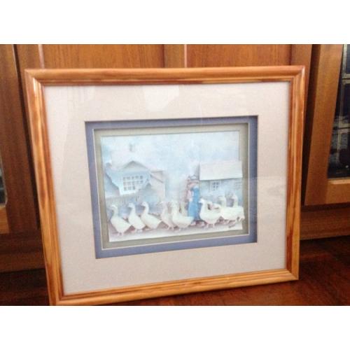 Traditional decoupage framed scene of geese and girl