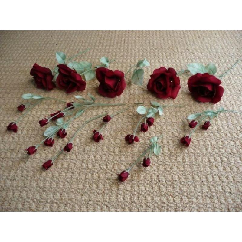 5 Artificial Burgundy Red Roses & 6 Rose Bud Stems for Flower Arrangement or Vases Mini Vases Crafts