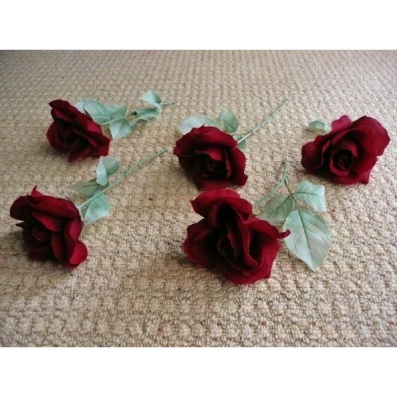 5 Artificial Burgundy Red Roses & 6 Rose Bud Stems for Flower Arrangement or Vases Mini Vases Crafts