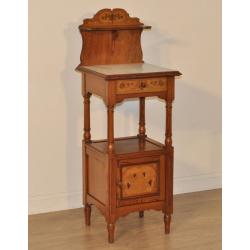 Antique Victorian Arts & Crafts Inlaid Pitch Pine Marble Top Bedside Cabinet