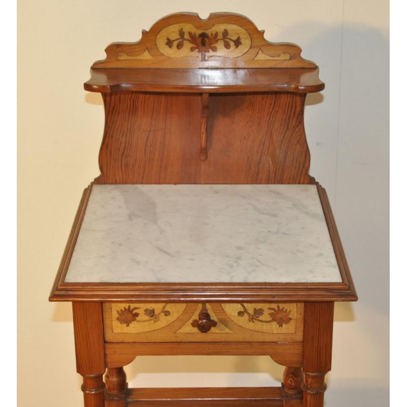 Antique Victorian Arts & Crafts Inlaid Pitch Pine Marble Top Bedside Cabinet