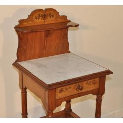 Antique Victorian Arts & Crafts Inlaid Pitch Pine Marble Top Bedside Cabinet
