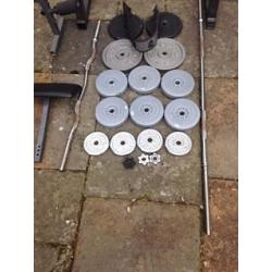 Weights bench/multi gym and squat rack with weights and bars
