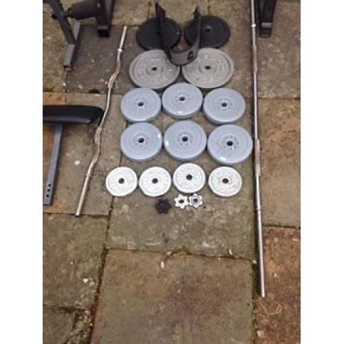 Weights bench/multi gym and squat rack with weights and bars