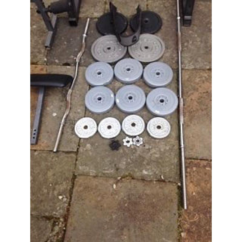 Weights bench/multi gym and squat rack with weights and bars