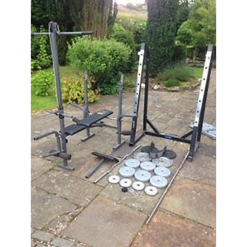 Weights bench/multi gym and squat rack with weights and bars