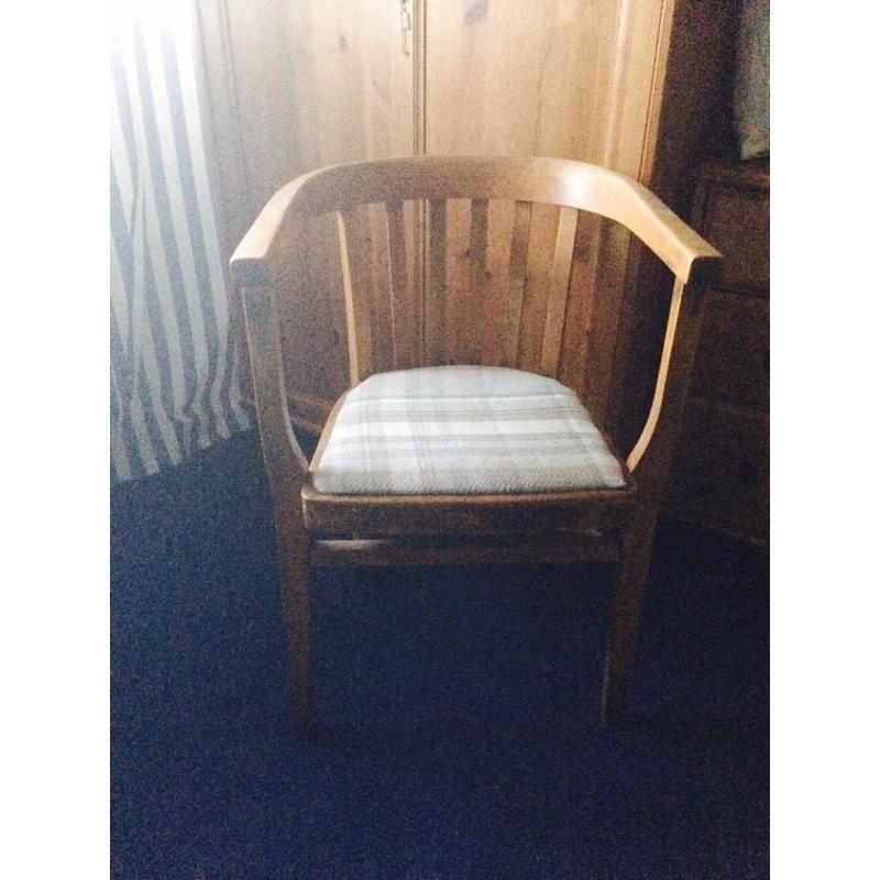 Vintage adult desk school chair backed in blue and cream tweed tartan style fabric