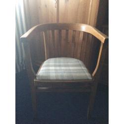 Vintage adult desk school chair backed in blue and cream tweed tartan style fabric