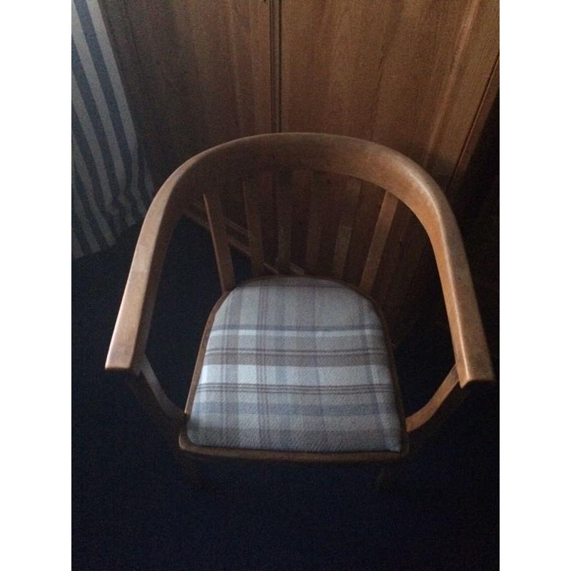 Vintage adult desk school chair backed in blue and cream tweed tartan style fabric